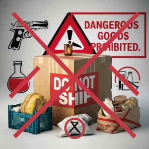 Illustration of prohibited shipping items, featuring icons of restricted items such as weapons, hazardous materials, perishables, and illegal substances, with red crossed-out symbols over them. Includes a warning sign indicating prohibition and a shipping box labeled 'Do Not Ship,' emphasizing safety and compliance.