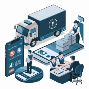 Illustration showcasing shipping tracking and customer service, featuring a delivery truck with a tracking number, a customer service representative assisting a client, and icons representing communication and satisfaction.