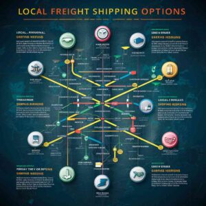 An infographic titled "Local Freight Shipping Options" featuring a map with highlighted routes, icons representing different types of carriers (local, regional, national), and brief descriptions of each option.