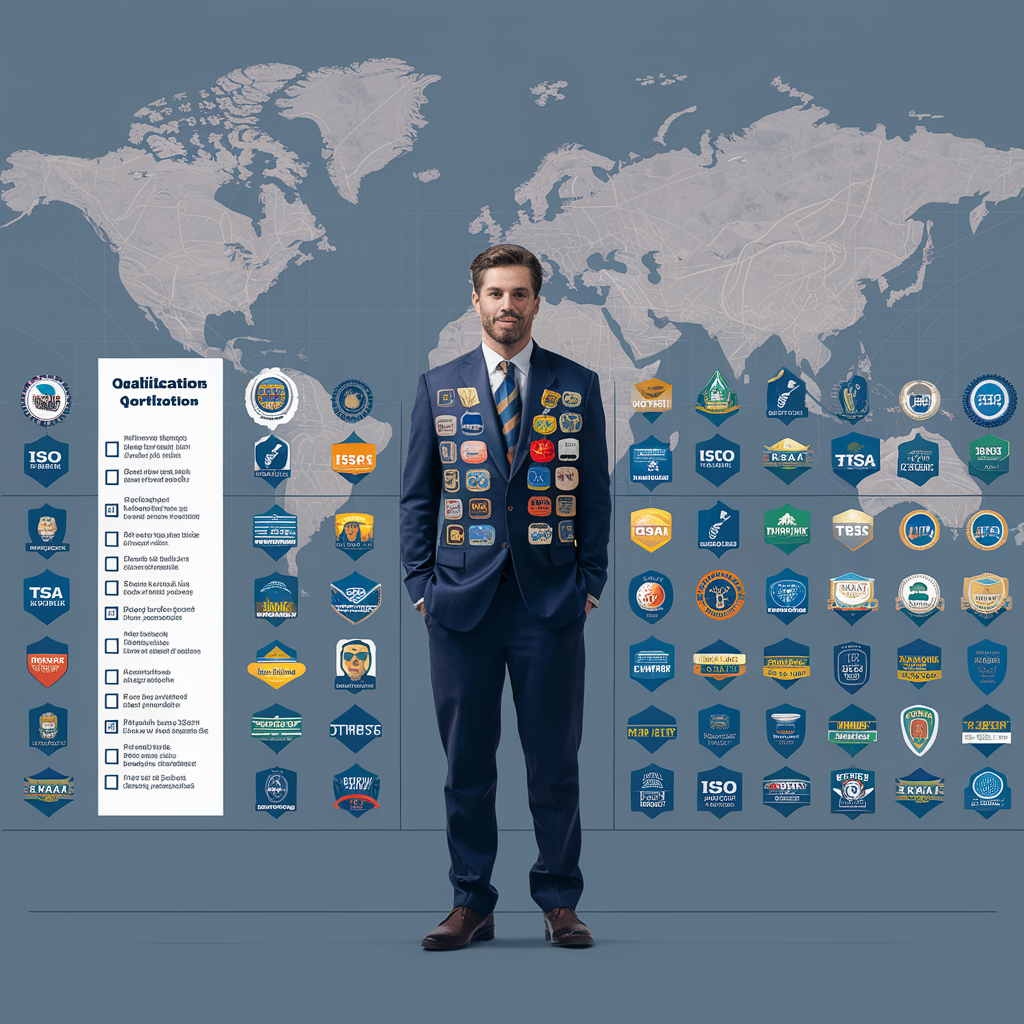 Illustration of shipping certifications and qualifications for logistics, featuring icons of certification badges, documents, and a checklist. The image highlights the importance of professional qualifications and certifications in ensuring efficient and compliant logistics operations.