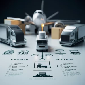 Professional illustration showing how to choose the correct carrier for shipping. Includes images of different carriers (trucks, ships, planes), checklists or criteria for selection (cost, speed, reliability, safety), icons for various shipping needs (fragile, hazardous, oversized items), and a decision-making process flowchart or infographic. The design is clean and business-like, emphasizing the importance of selecting the right carrier for various shipping requirements.