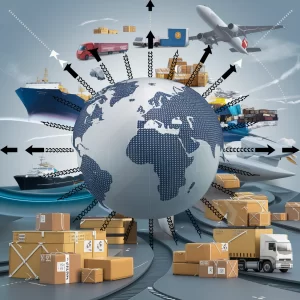 Illustration of international shipping, featuring a globe with arrows pointing to various countries, different modes of transportation (ships, planes, trucks), packages with international shipping labels, and symbols representing customs and passport checks, highlighting the global reach and complexity of international shipping logistics.