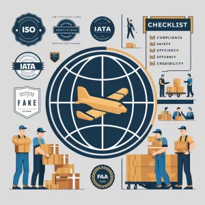 Illustration explaining why certifications matter in shipping, featuring icons of certification badges, a checklist of qualifications, and images of professionals handling cargo. The image highlights the importance of certifications for ensuring safety, compliance, and expertise in logistics