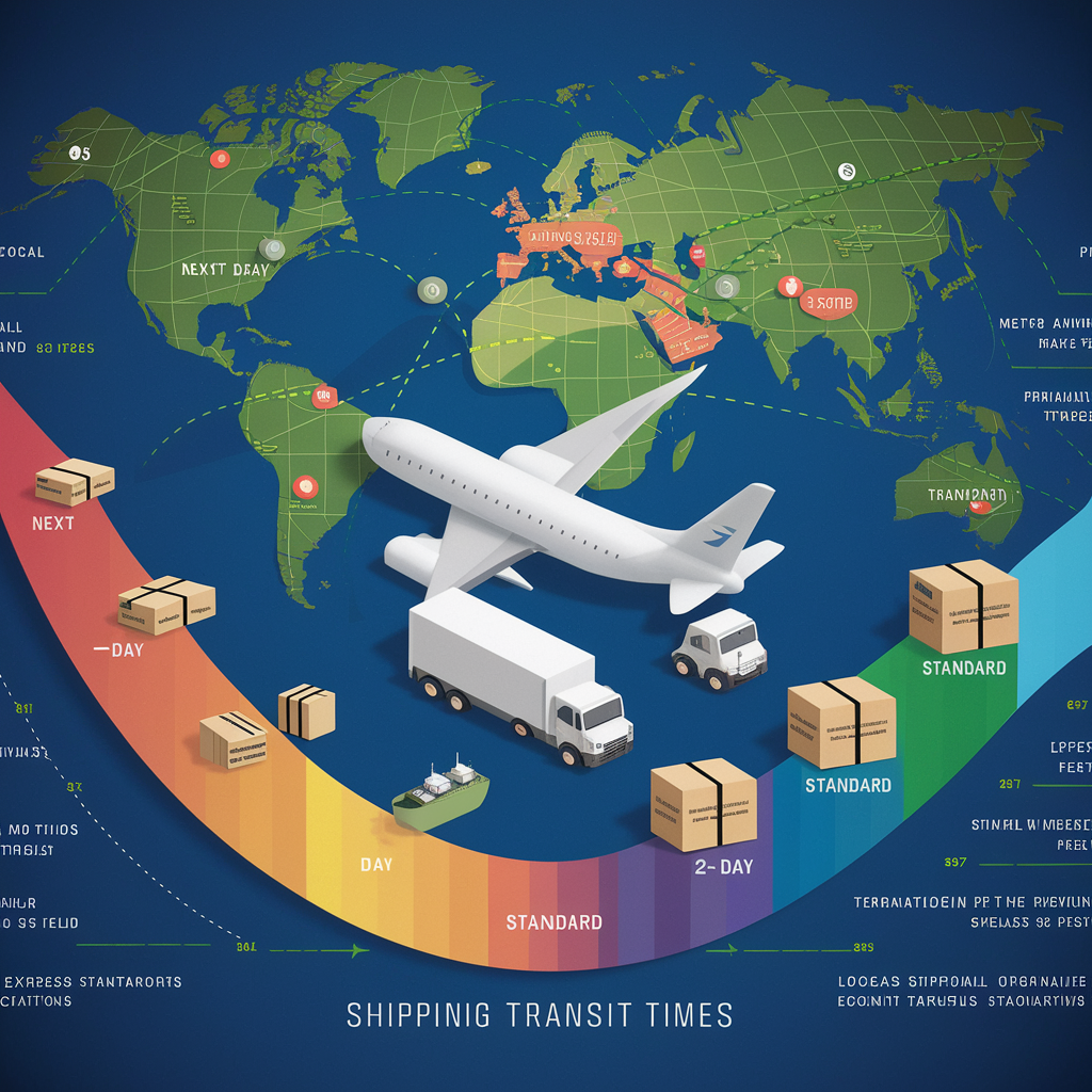 Illustration of shipping options and transit times. Features icons of transportation modes (truck, ship, airplane), a timeline showing express, standard, and economy transit times, packages labeled with delivery speeds (next-day, 2-day, standard), and symbols for different shipping destinations (local, national, international). The design highlights the choices and timelines available to customers.