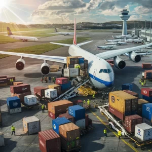 An image depicting air freight: A cargo plane being loaded with containers, workers handling shipments, and a background featuring an airport runway. Include visual elements such as company logos on the containers, clear skies, and a control tower in the distance to highlight the efficiency and scale of air freight operations.