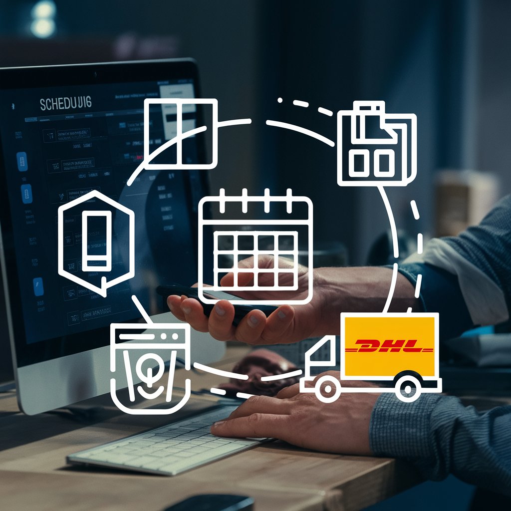 Illustration of the DHL online platform for scheduling shipment pickups, showing options for selecting pickup times, dates, and locations.