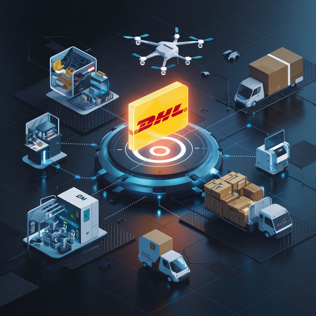 An illustration of DHL's e-commerce shipping integration, depicting seamless connection with online stores, automated order processing, and efficient delivery management.