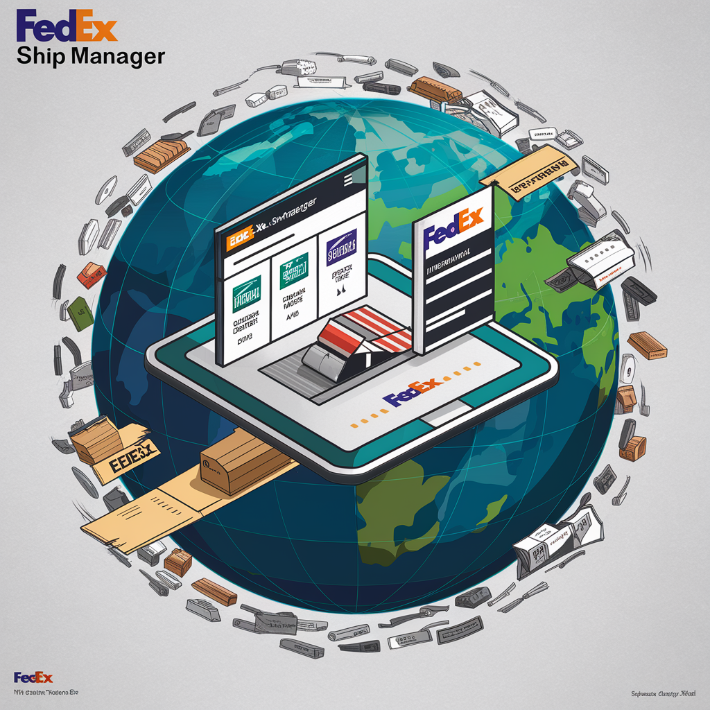 Illustration showing various features and services of the FedEx Ship Manager, including shipment profiles, shipping labels, e-commerce integration, pickup scheduling, and tracking capabilities.