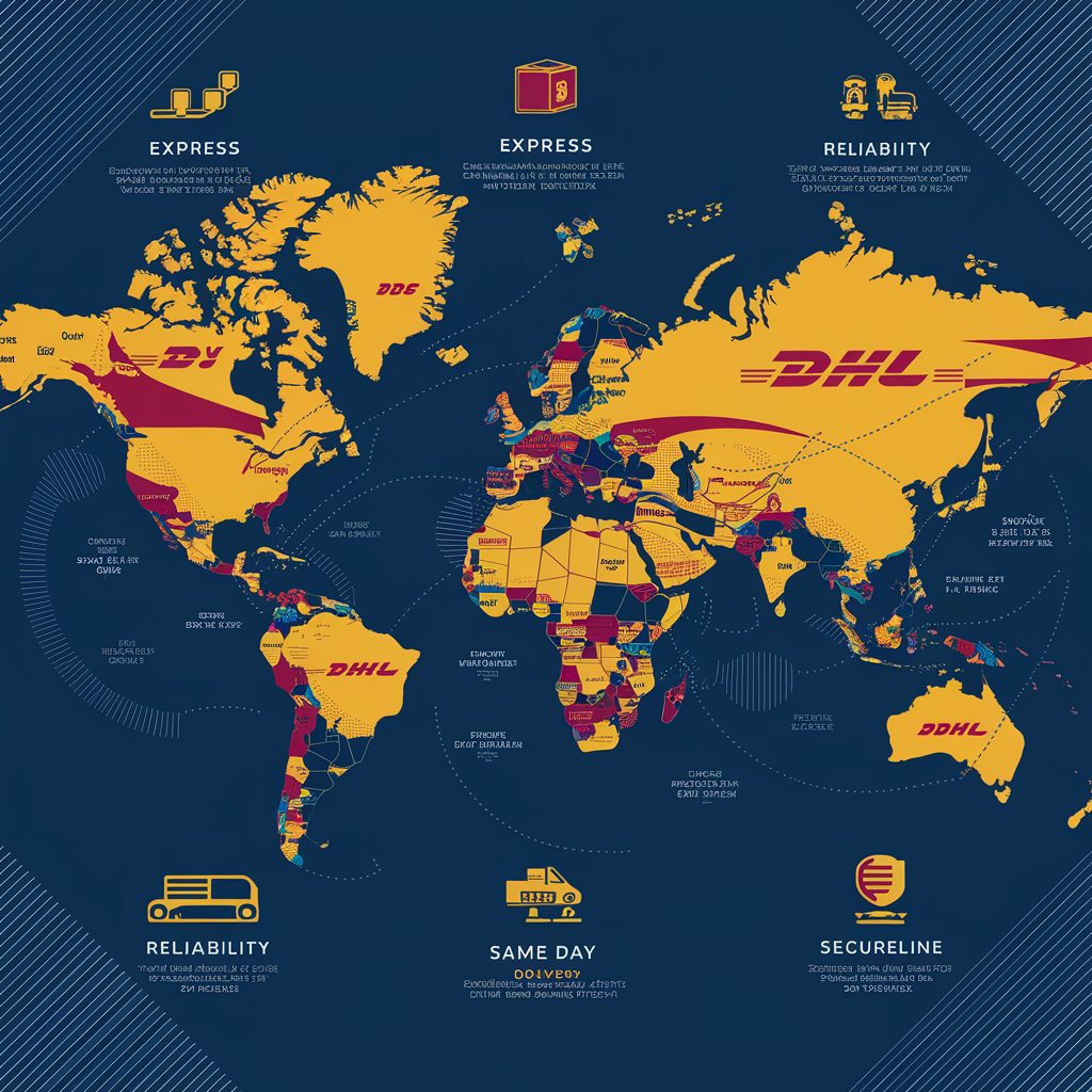 Infographic displaying DHL's international shipping options, featuring services like Express, Express Worldwide, Same Day Delivery, and Secureline, with icons representing speed, reliability, and global reach.