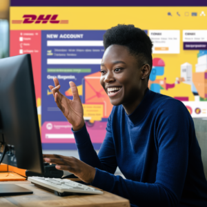 Happy customer exploring the benefits of creating a new account on the DHL online tool, with visuals highlighting advantages such as streamlined shipping, personalized dashboard, and exclusive offers.