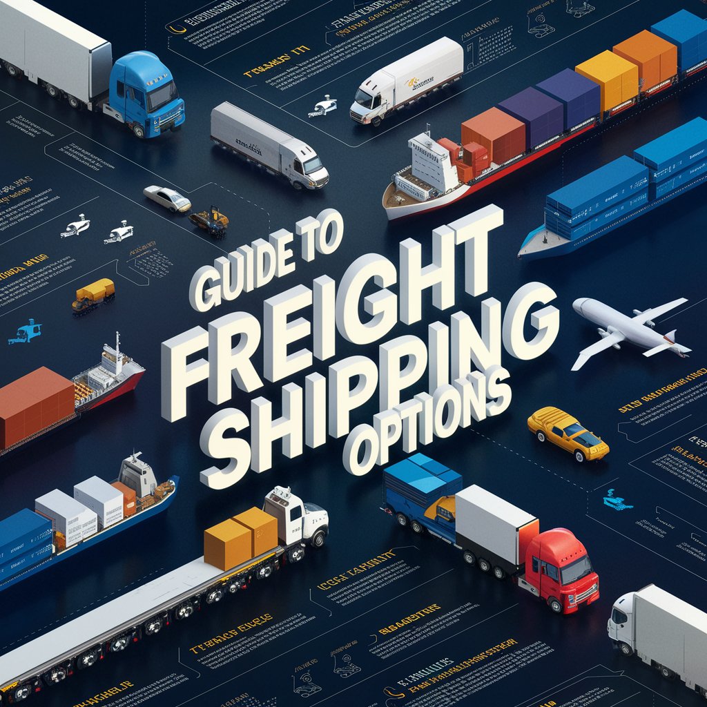 An infographic titled "Guide to Freight Shipping Options" showcasing different methods of freight transportation. The image includes icons and labels for truckload (TL) shipping, less-than-truckload (LTL) shipping, expedited LTL shipping, intermodal shipping, air freight, ocean freight, and freight forwarding. Each shipping method is illustrated with relevant graphics such as trucks, airplanes, ships, and logistics networks, along with brief descriptions of each option.