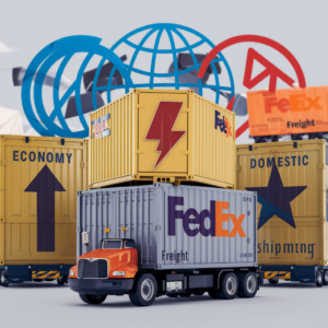 Illustration depicting various FedEx freight shipment types, including priority and economy services, domestic and international options, and symbols for large and small packages.