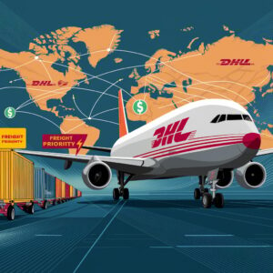 An illustration of DHL's freight shipping services, depicting trucks and cargo containers. Highlights include Freight Priority for expedited deliveries and Freight Economy for cost-efficient bulk shipments.