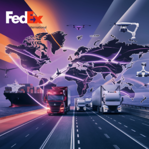 An image showcasing FedEx International Freight Services, featuring the FedEx logo against a backdrop of a global map with highlighted international shipping routes, accompanied by icons of airplanes, cargo ships, and trucks. The design emphasizes efficiency, reliability, and global connectivity in freight transportation.