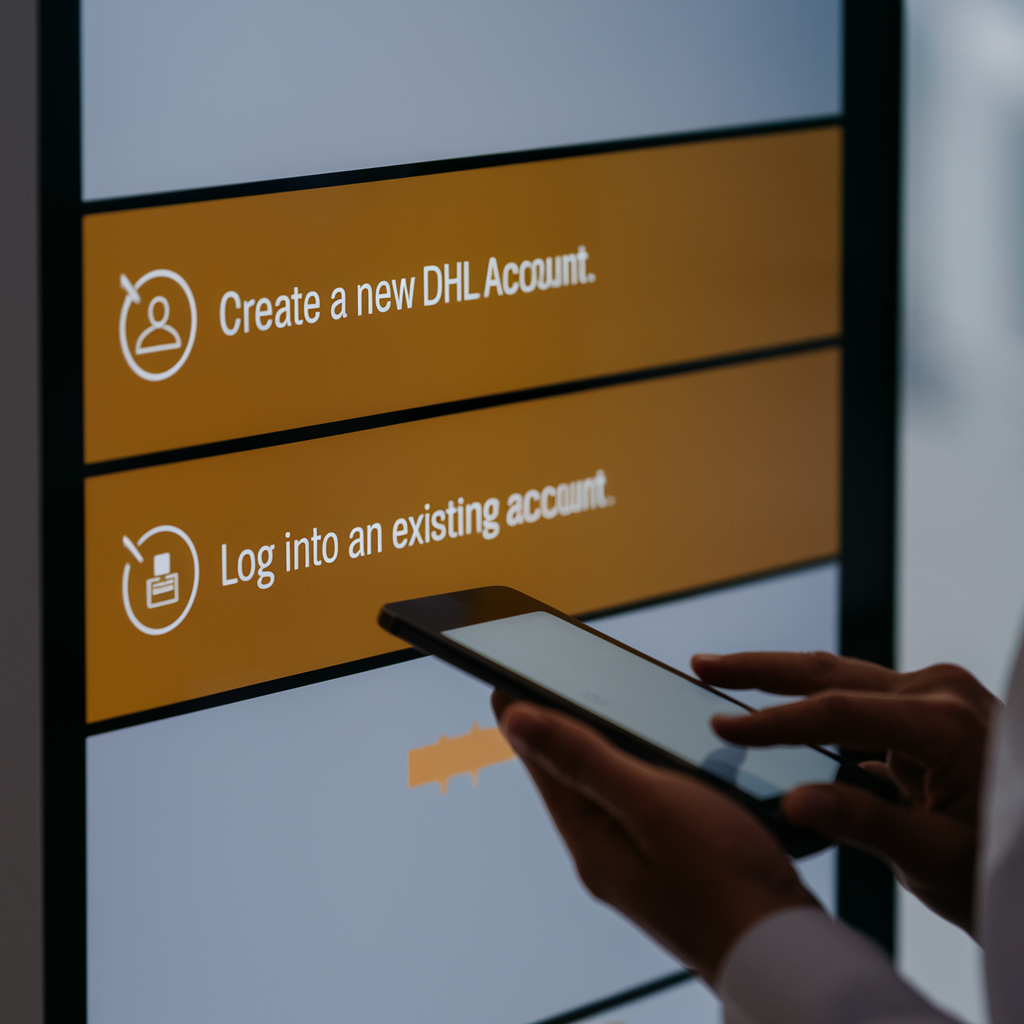 An individual selecting between creating a new DHL account or logging into an existing one, depicted on a user-friendly interface of a digital tool.