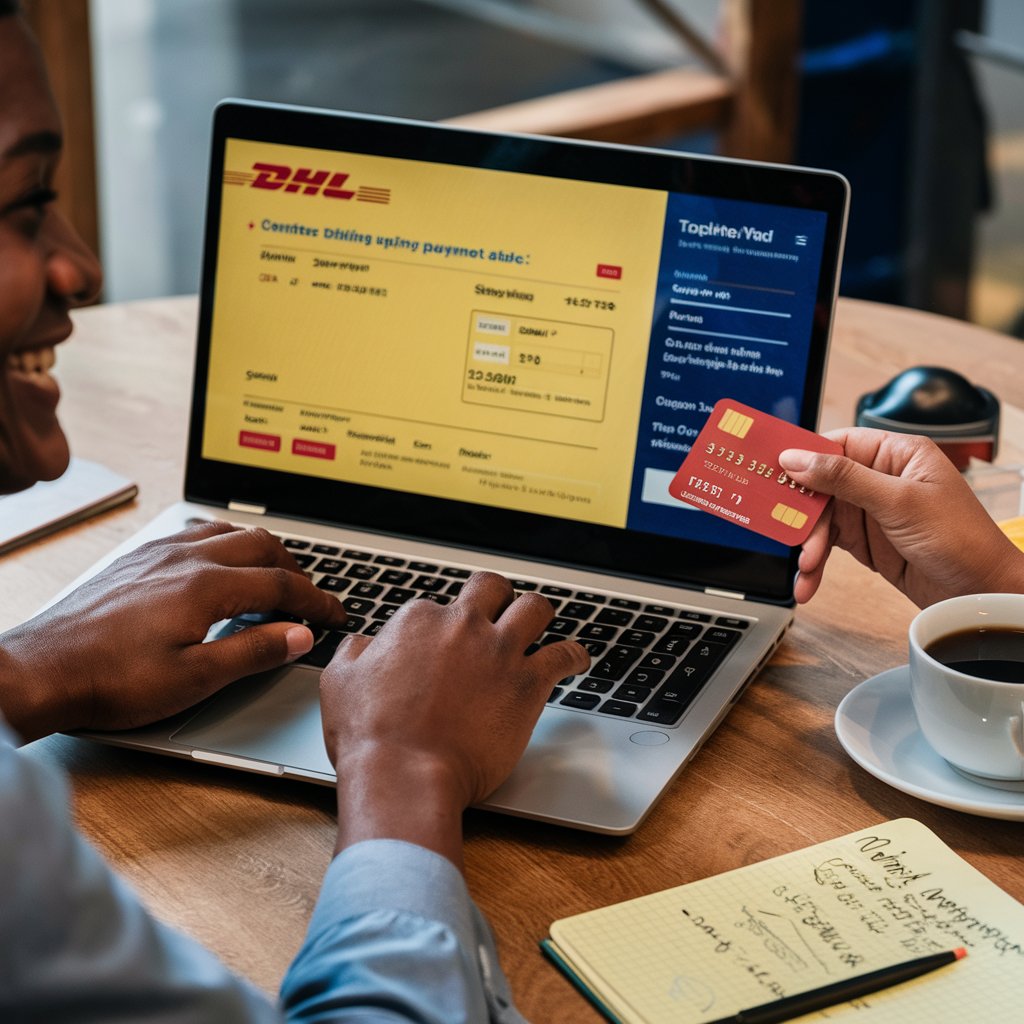 Person paying for DHL shipment online using a laptop.