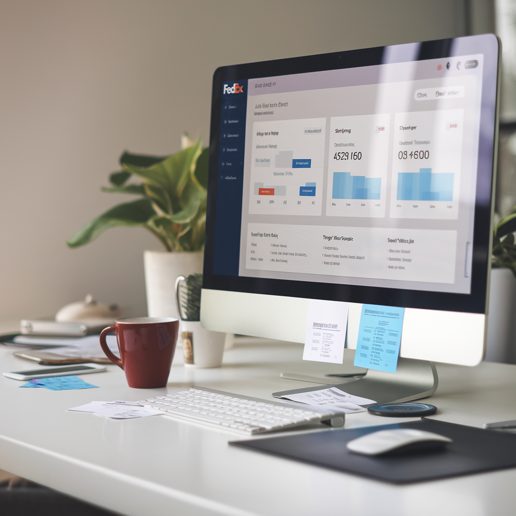 A modern office workspace with employees using laptops and tablets to collaborate on a project. A large screen displays a FedEx Manager dashboard with real-time shipping data.