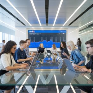 A visually appealing image of a professional team working together in a modern office, utilizing technology to streamline their FedEx shipping operations.