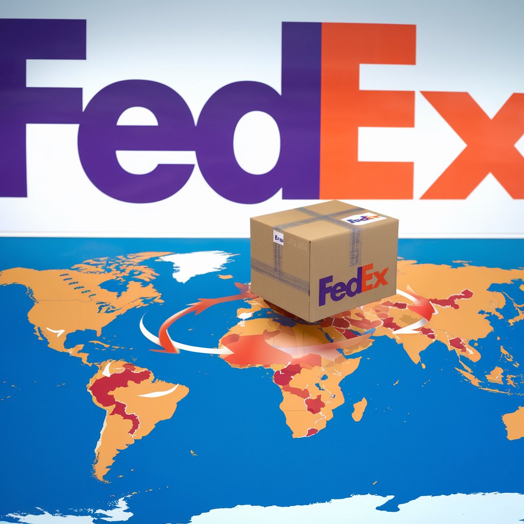 Simplified diagram of the FedEx shipping process, showing a package being sent from one location to another on a world map.