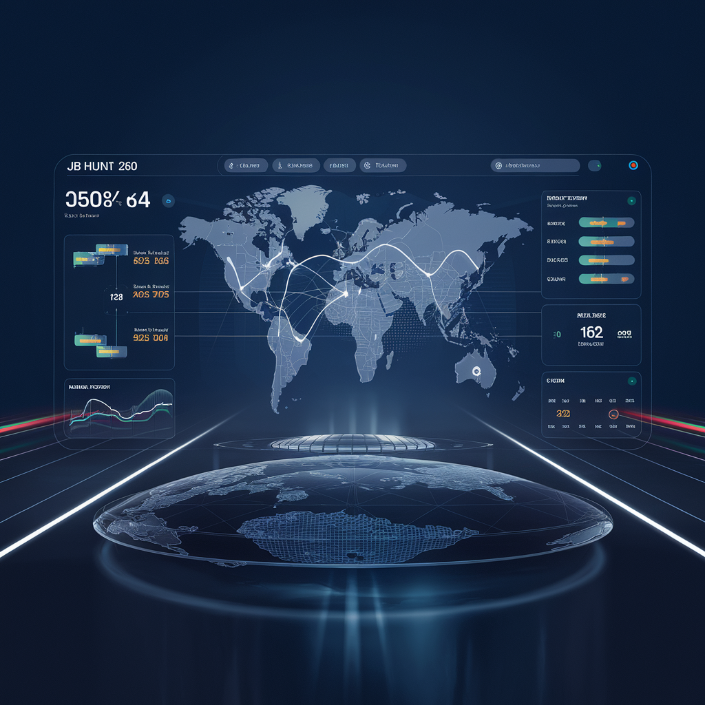 A futuristic digital dashboard for freight management,JB Hunt 360 featuring vibrant colors, clean lines, and data visualizations.