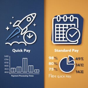 A vibrant illustration comparing Quick Pay and Standard Pay in JB Hunt 360. Quick Pay is represented by a lightning bolt and a rocket, symbolizing speed and efficiency. Standard Pay is depicted by a calendar and a balance scale, representing consistency and predictability. A chart illustrates the differences in payment timelines and fees.