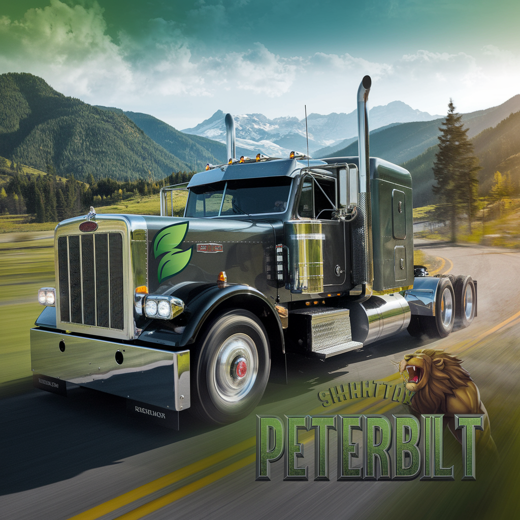 A powerful Peterbilt 589 truck, gleaming in chrome, surrounded by symbols of fuel efficiency, strength, and environmental consciousness. The truck appears to be in motion, leaving a trail of green energy in its wake.