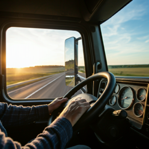 A cinematic shot of a truck driver's hands on the steering wheel of a Peterbilt 589, symbolizing control and adventure on the open road.