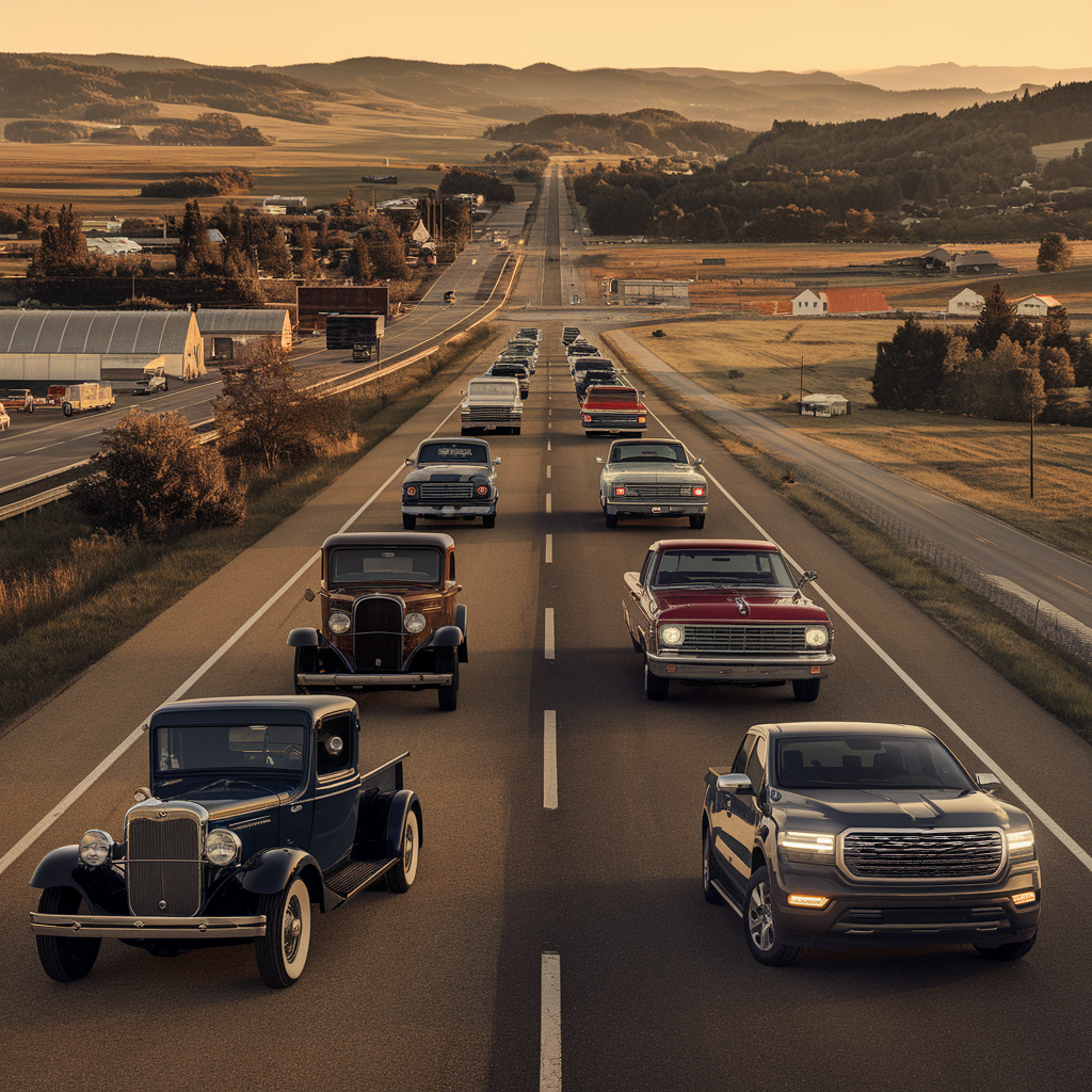 Illustration showing the evolution of American trucks on a timeline-style road, from early 1900s models to modern pickups. The scene starts with a Ford Model TT and progresses through trucks from the 1920s, WWII military vehicles, and stylish 1950s models, ending with a high-tech contemporary pickup. Iconic American landscapes, including small towns, highways, and open fields, appear in the background, capturing the trucks' historical journey. Warm, earthy tones transition to sleek modern colors, evoking both nostalgia and innovation.