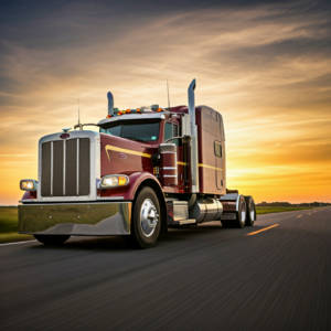  A powerful Peterbilt 589 truck dominates the open road, bathed in the warm light of a dramatic sunset. The truck's chrome accents and powerful silhouette are showcased in this cinematic shot.