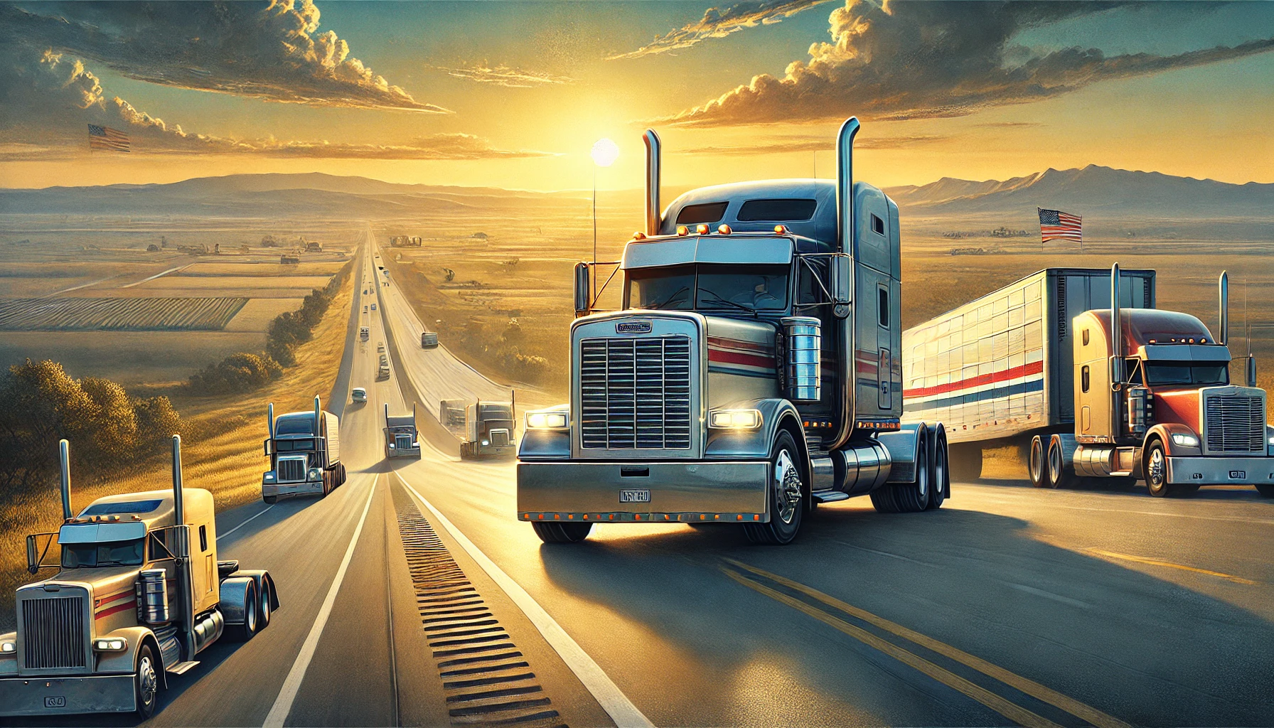 An illustration of the American trucking industry, capturing the essence of resilience, strength, and the vast scope of the open road.