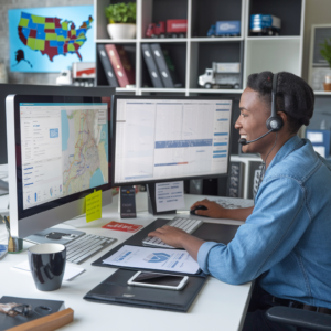 An image of a confident and efficient hotshot trucking dispatcher in a modern, organized office setting. The dispatcher is engaged with logistics software on multiple computer screens, showing maps, routes, and real-time tracking. They wear a headset, and nearby are a smartphone, documents, and a coffee mug. The office has a map of the United States and miniature trucks on the desk, adding to the trucking theme.