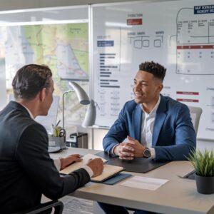 A modern office setup showing a trucking dispatcher job interview. The interviewer, seated across from the candidate, holds a notebook with questions. A whiteboard in the background displays maps, trucking routes, and logistical schedules, creating a realistic and organized environment.