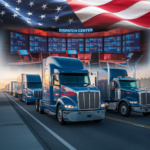 A professional scene featuring a fleet of modern American trucks on a highway with a dispatch center in the background, displaying glowing digital monitors with routes and schedules. Subtle integration of the American flag symbolizes patriotism, with vibrant tones of blue, red, and white conveying efficiency and trust.