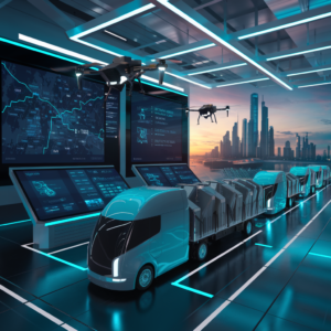 Futuristic truck dispatching scene featuring a high-tech control center with digital screens showing real-time maps and routes. Autonomous trucks and drones operate seamlessly under neon blue and white lighting. A futuristic city skyline with sustainable infrastructure appears in the background, highlighting innovation and efficiency.