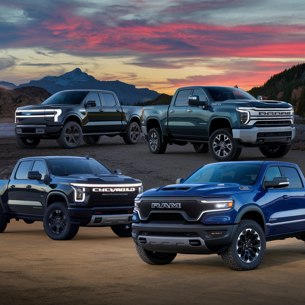 Three 2024-2025 American trucks—the Ford F-150 Lightning, Chevrolet Silverado 2500HD, and Ram 1500 REV—parked in a scenic outdoor setting with a mountain backdrop and vibrant sunset, showcasing their distinct designs, power, and versatility.