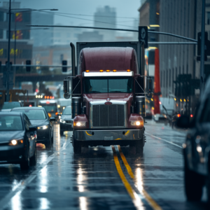 A semi-truck navigating through heavy traffic on a rainy city street, with low visibility and congested roads, illustrating the challenges and resilience required in OTR trucking.