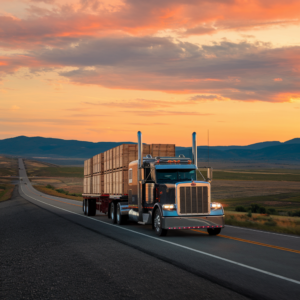 A scenic view of a large 18-wheeler truck driving on an open highway, set against a backdrop of rolling hills and a colorful sunrise, symbolizing the freedom and adventure of over-the-road trucking.