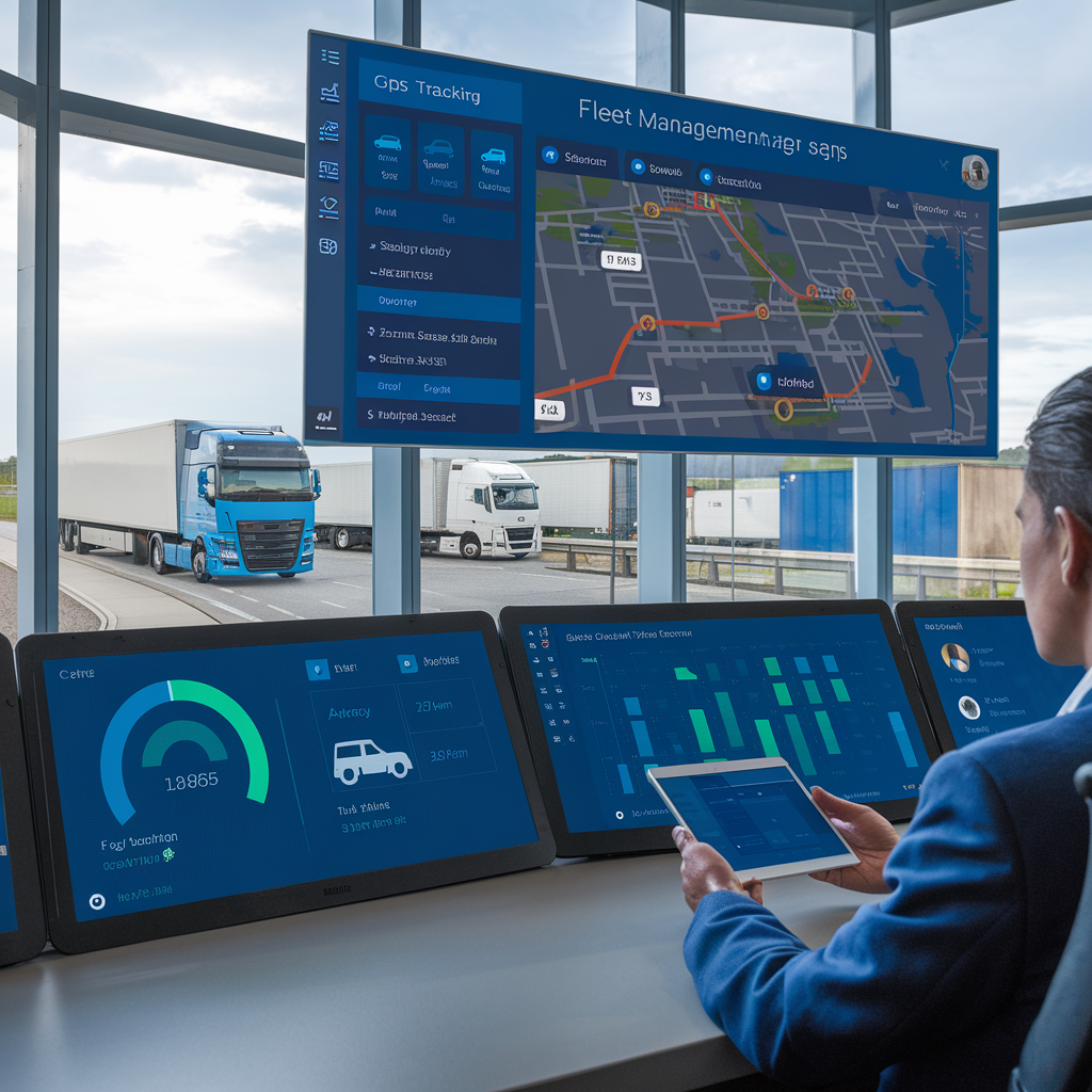 Fleet manager using truck dispatching software in a modern control center with real-time GPS tracking, route optimization maps, and trucks moving outside the window, illustrating efficient logistics management.