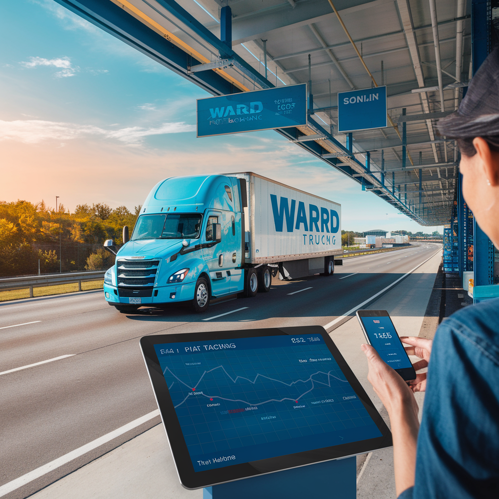 Illustration of a Ward Trucking truck in transit with a digital tracking interface and a customer viewing shipment updates on a mobile app, set against a highway and warehouse backdrop.