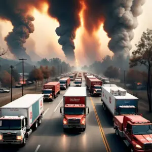 Freight trucks delivering emergency supplies to evacuation centers during the 2025 Southern California wildfires, ensuring timely disaster relief efforts.