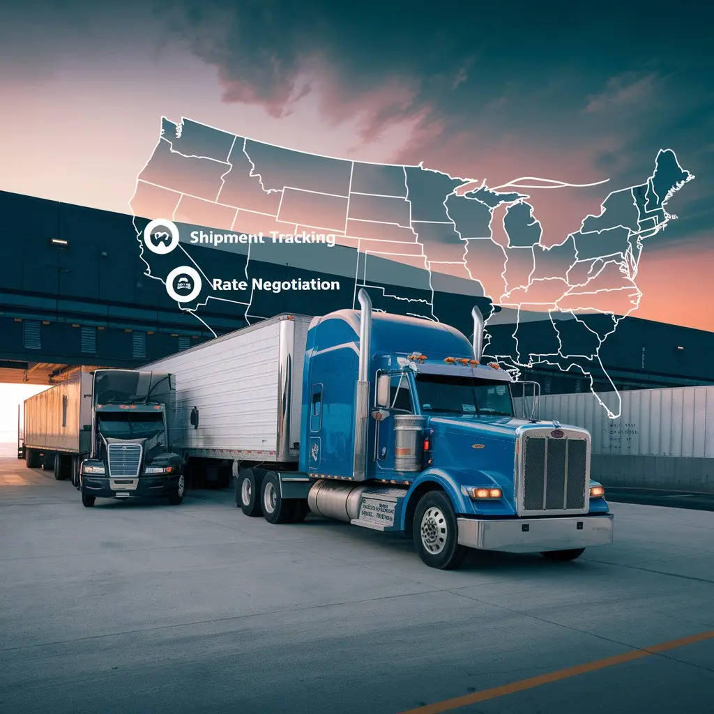 Professional freight brokerage concept featuring a modern logistics hub with trucks loading and unloading, a digital interface for freight matching and tracking, and a semi-transparent U.S. map highlighting major shipping routes.